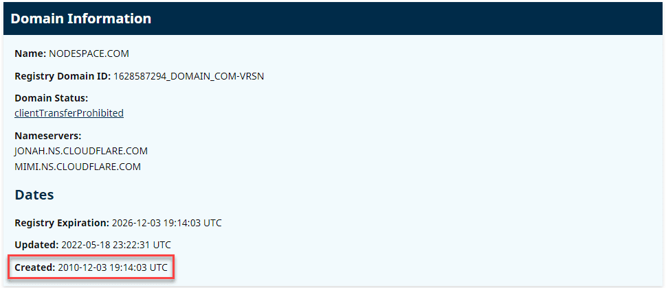 www.nodespace.com whois record highlighting the domain creation date