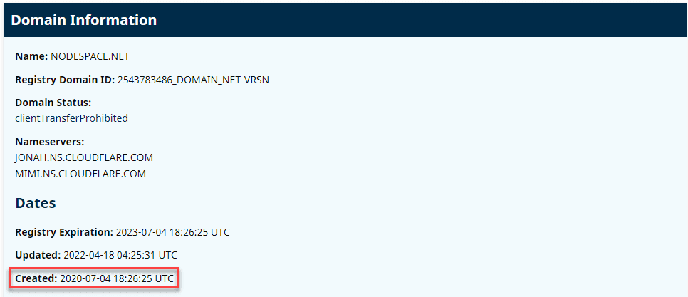 www.nodespace.com whois record with the creation date highlighted