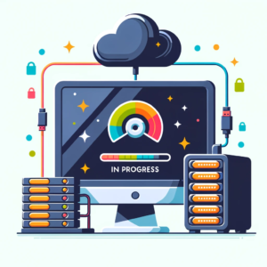 Flat style illustration of a desktop computer with a large screen displaying a progress bar labeled 'Backup in Progress'. Beside the computer, there's a stack of hard drives connected by colorful cables. Above the scene, a cloud symbol glows softly, indicating cloud backup, and small data packets move from the computer to the cloud.