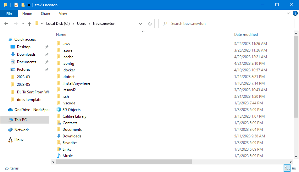 Screenshot of Windows Explorer showing dot files in a standard user's documents directory.